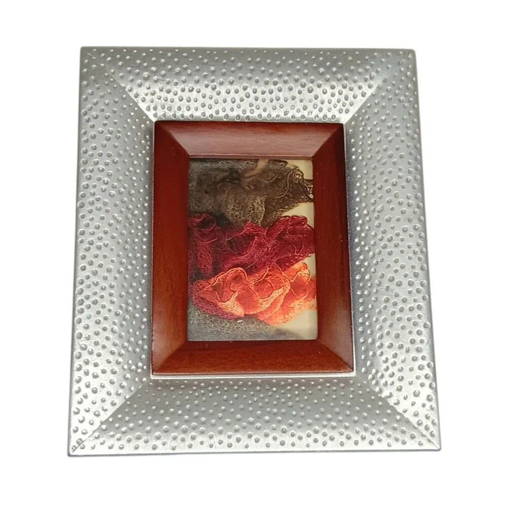 Silver Metal Hammered Pebbled Photo Frame W/ Wood Border 5x6 Photo 2x3 VTG Fetco